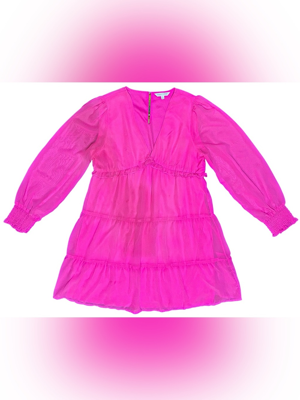 Beyond Words Hot Pink Tiered Mini Dress Long Sleeve V Neck Women’s Large